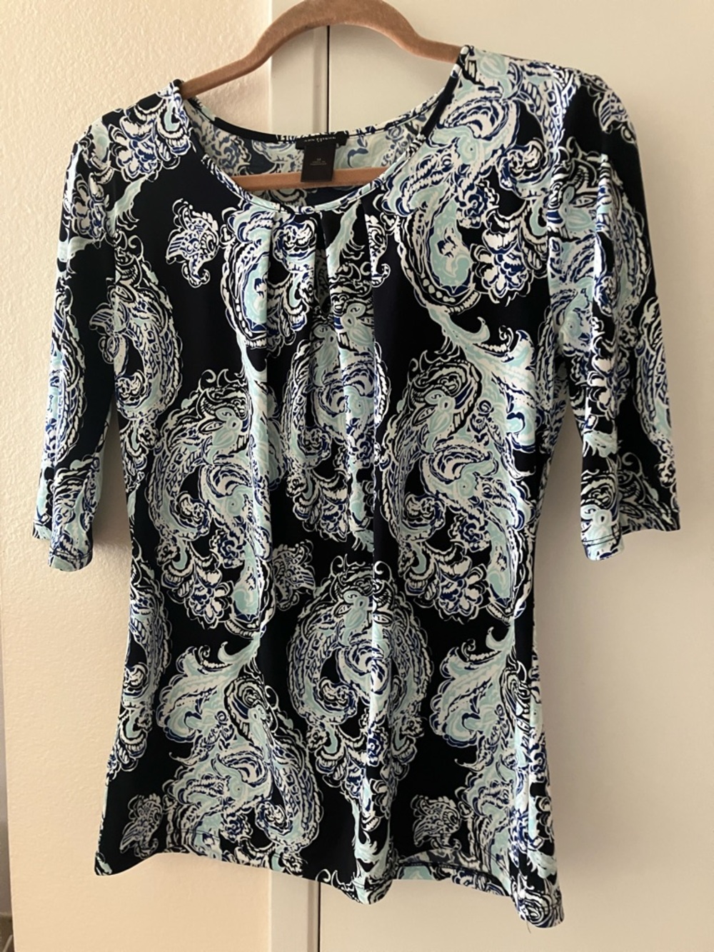 Ann Taylor Black Top with Light Blue Paisley Print